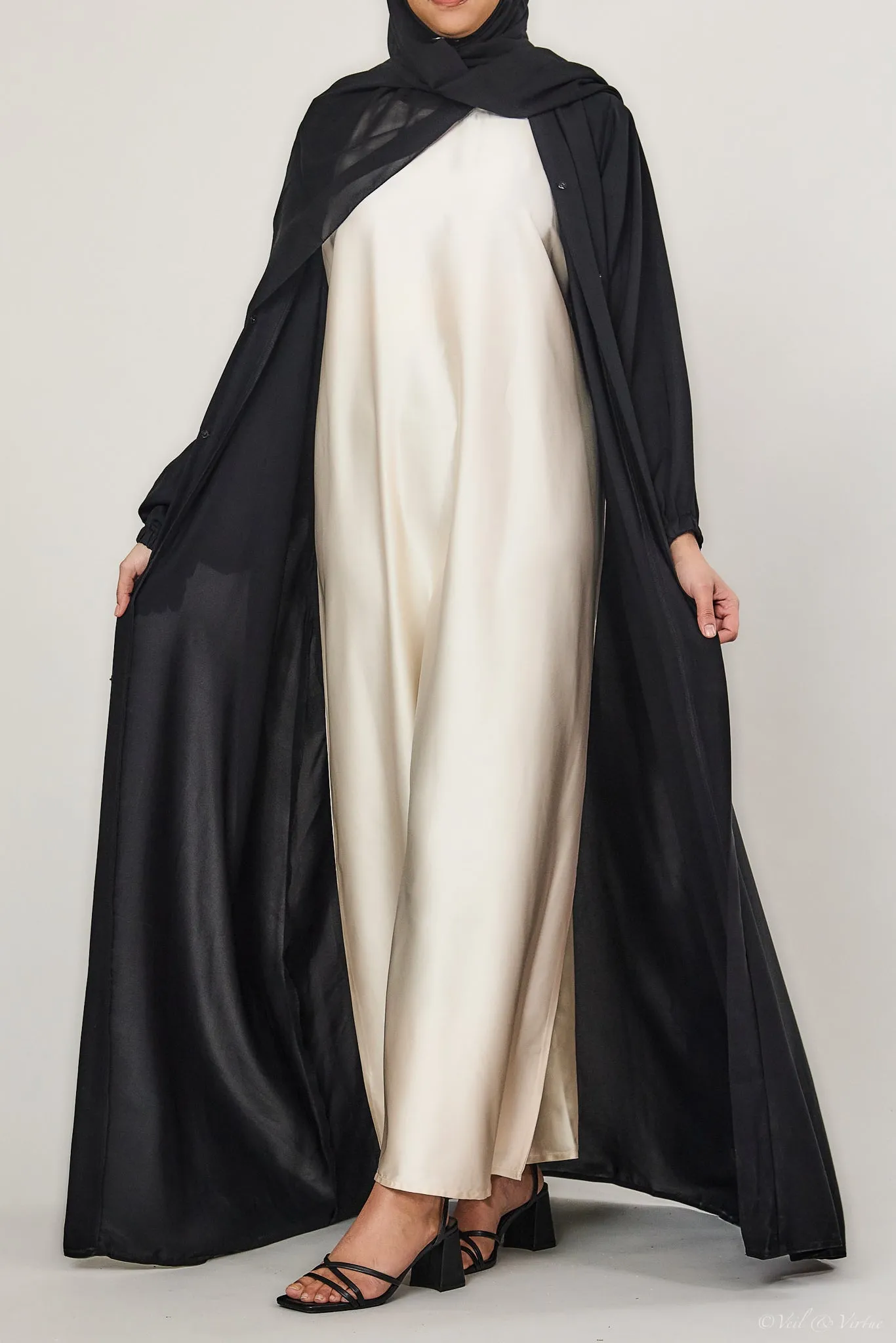 Almond Short-Sleeved Satin Abaya Slip Dress