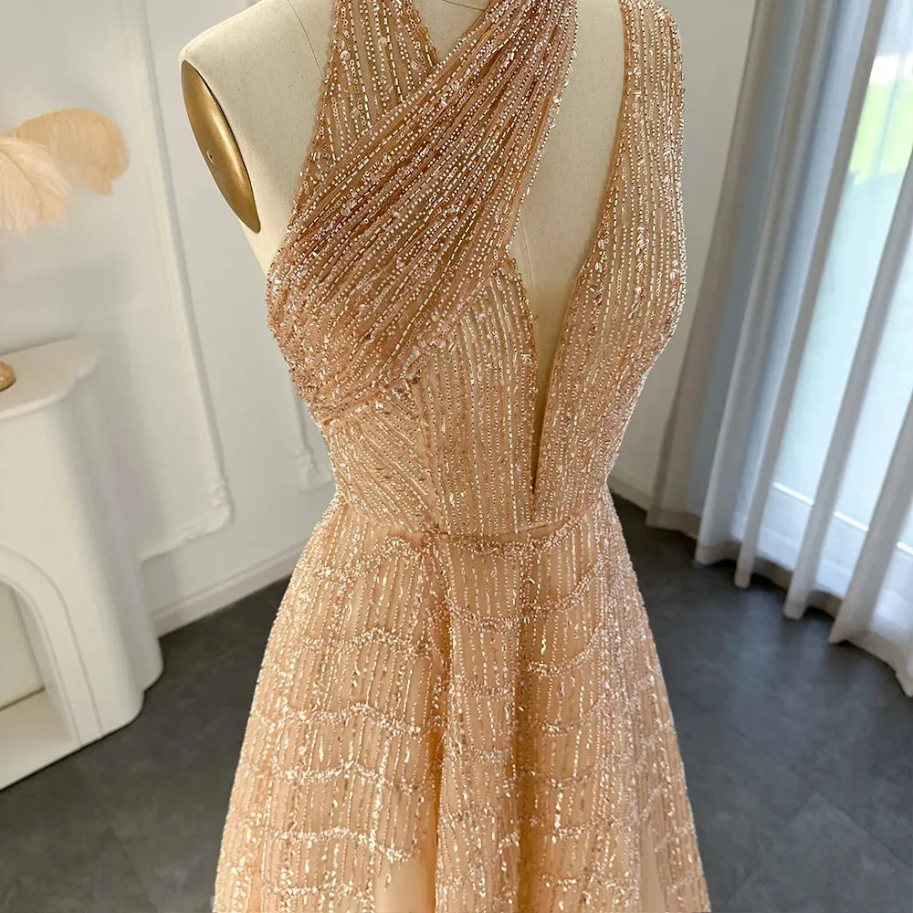 Beaded Lilac Halter Neck Evening Gown
