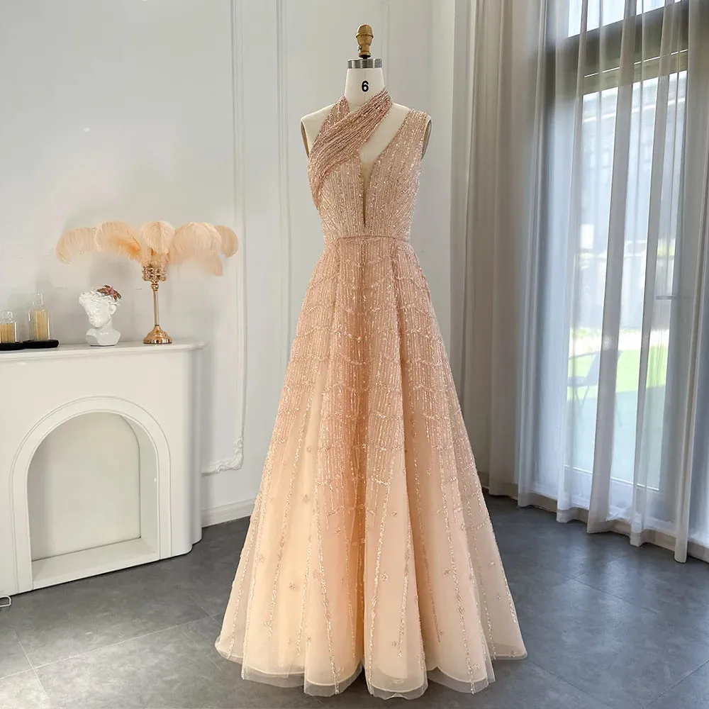 Beaded Lilac Halter Neck Evening Gown