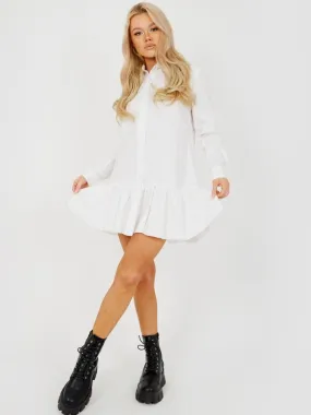 Fabiola Frill Hem Buttoned Shirt Dress In White