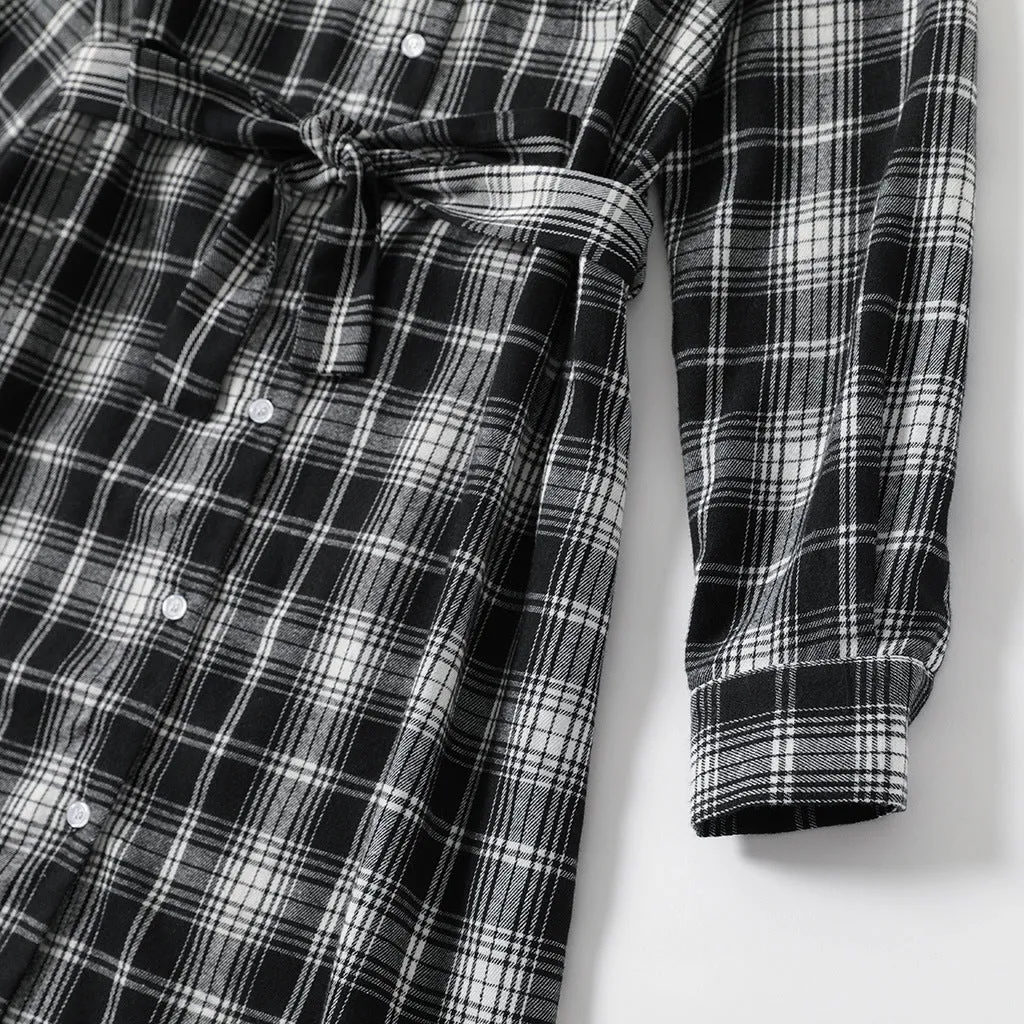 Family Matching Outfit Belted Long Sleeve Shirt Dress and Shirts Sets