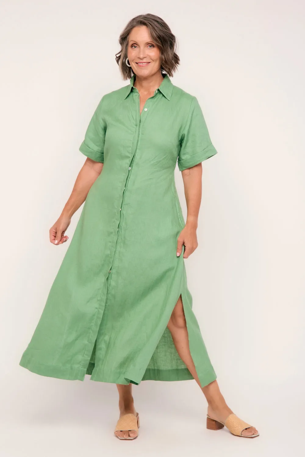 Gracie Linen Short Sleeve Shirt Dress in Jadesheen