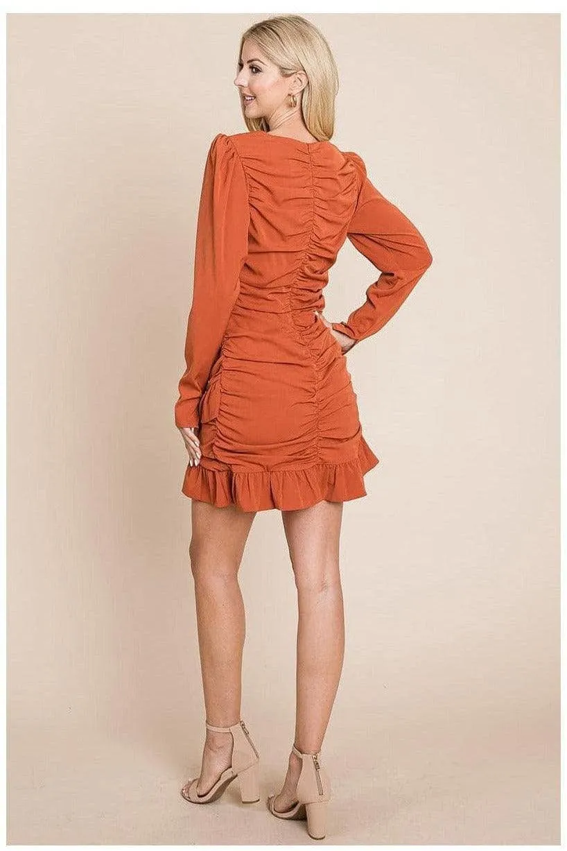 Long Sleeve Ruched Frill Hem Mini Dress