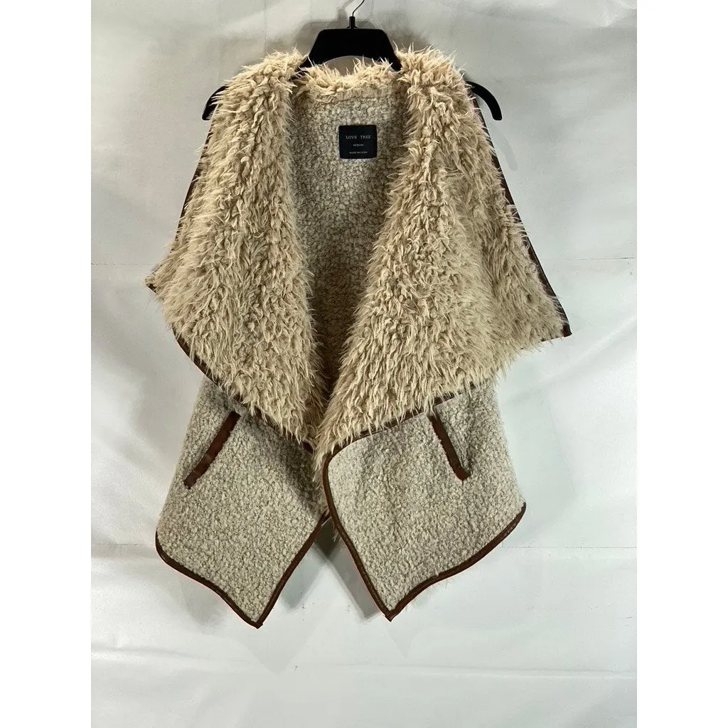 LOVE TREE Women's Beige/Brown Faux-Fur Sherpa Open-Front Vest SZ M