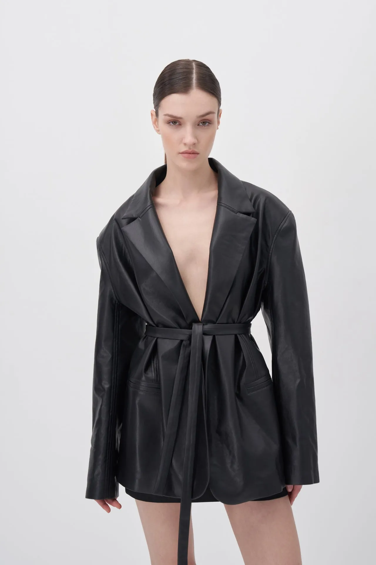 Oversized Leather Jacket with Belt Detail