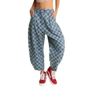 Pleated Checkered High-Waist Barrel Pants
