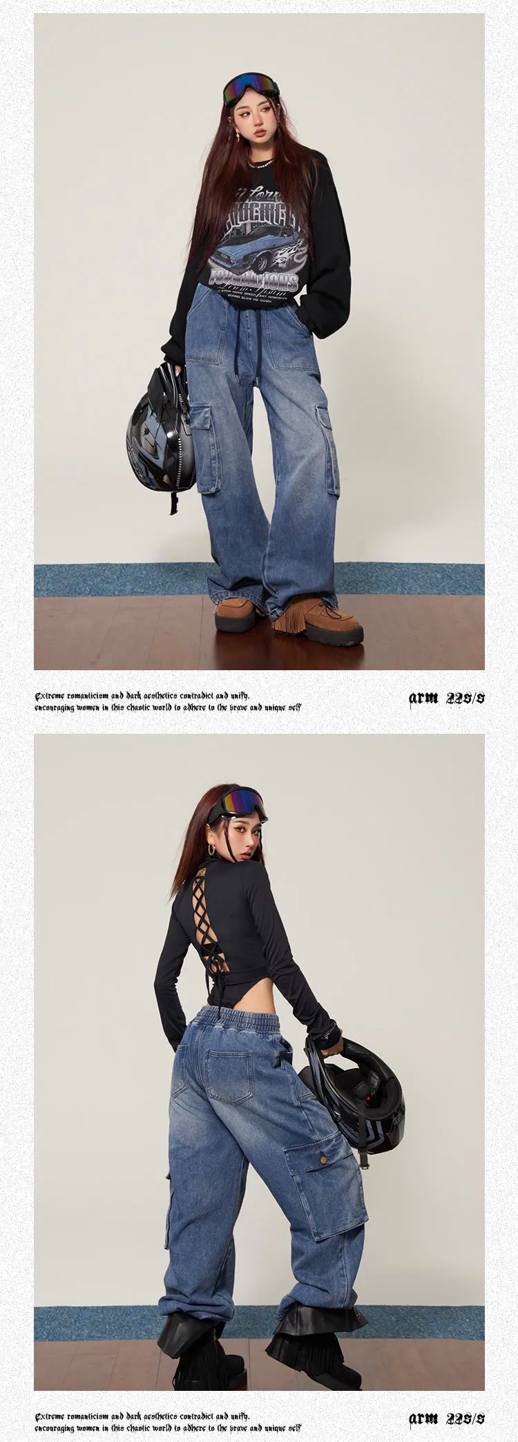 Shyanne Washed Denim Blue Multi Pocket Straight Leg High Waist Jeans Pants