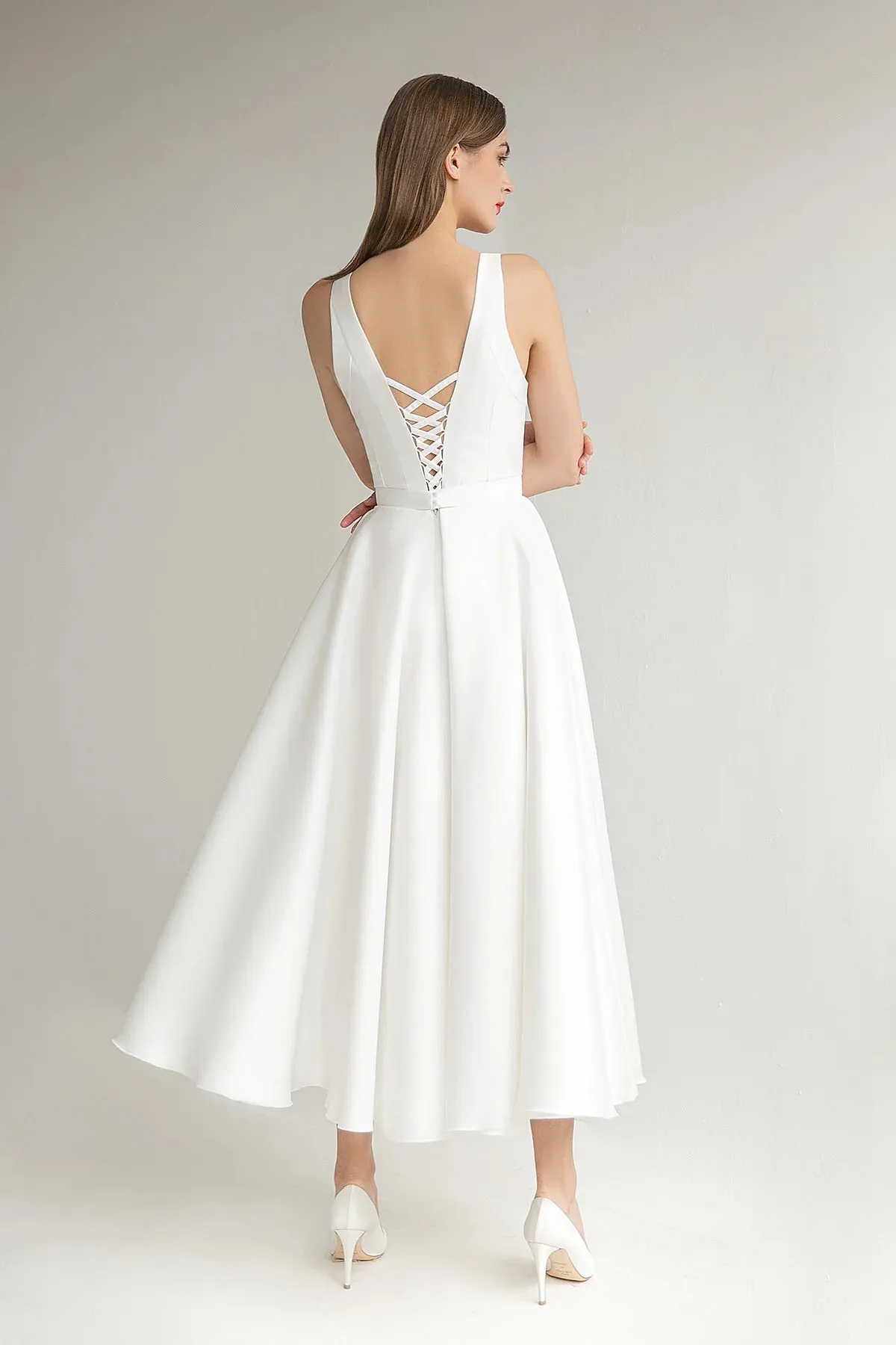 V Neckline Tea Length Wedding Dress With Corset Back